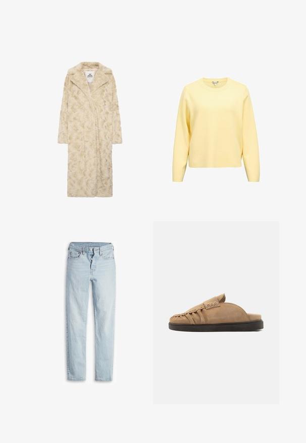 Lang beige faux pelsfrakke med et struktureret mønster, hakkede revers og åben front. Har lange ærmer og knælængde design.; Gul langærmet sweatshirt med rund halsudskæring og ribbet kant, lavet af blødt stof med en glat tekstur. Enkel, ensfarvet design.; Lyseblå denimjeans med høj talje, fem-lomme design, knaplukning og lige ben. Har subtilt slid og en tekstureret finish.; Tanfarvede ruskind slip-on loafers med rynkede detaljer, syet moktå og sort gummisål, vist i sideprofil mod hvid baggrund.