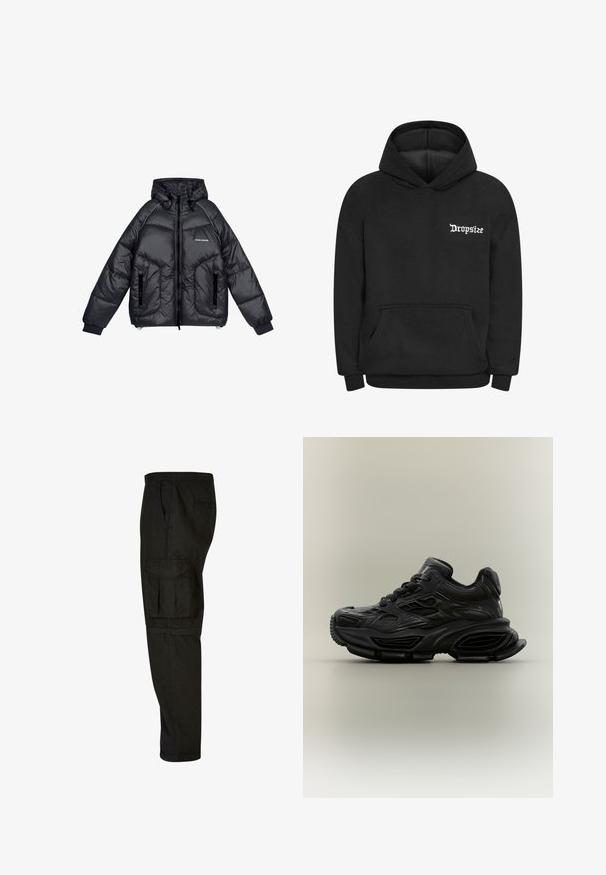 Pegador TOBY PUFFER - Chaqueta de invierno - black; Sudadera negra de tejido suave con un bolsillo frontal y capucha con cordones. El logo "Dropsize" está impreso en blanco en el área del pecho izquierdo.; Pantalones cargo negros con un corte relajado, cintura elástica, bolsillos laterales y un gran bolsillo cargo en el muslo. Tejido suave y ligero.; Zapatilla deportiva negra y gruesa con diseño texturizado, suela gruesa y cierre de cordones mostrada sobre un fondo neutro y sencillo.