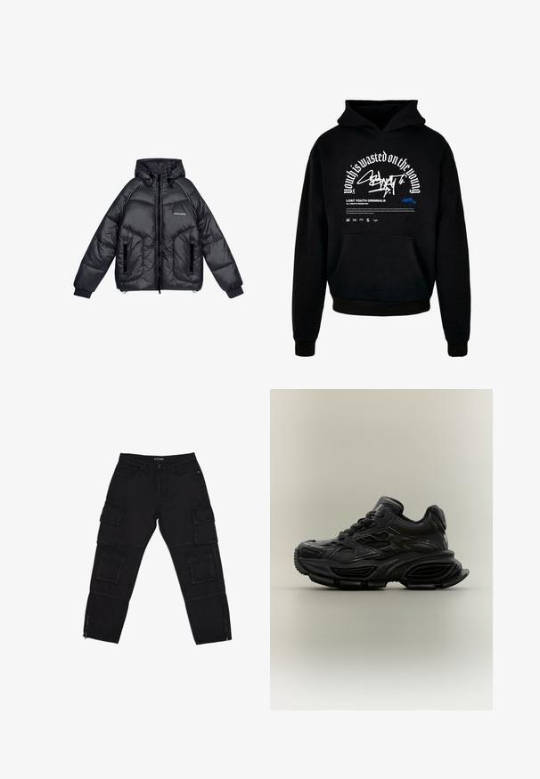 Pegador TOBY PUFFER - Winterjacke - black; Schwarzer Kapuzenpullover mit Fronttasche. Ausgestattet mit fettem weißen Text und Grafikdesign. Hergestellt aus weichem Material, mit gerippten Bündchen und Saumabschlüssen.; Schwarze Cargo-Hosen aus robustem Stoff, ausgestattet mit mehreren Cargotaschen, Reißverschluss-Ärmeln und geraden Beinen mit dezenten Nähdetails.; Schwarzer klobiger Sneaker mit strukturiertem Design, dicker Sohle und Schnürverschluss vor schlichtem neutralem Hintergrund.