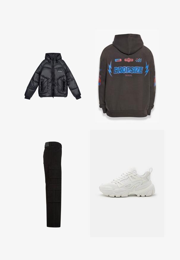 Pegador TOBY PUFFER - Veste d'hiver - black; Sweat à capuche gris foncé avec un grand texte bleu "DROPSIZE" et des graphiques colorés. Comprend une capuche, des poignets côtelés et divers patchs imprimés.; Pantalon cargo noir avec plusieurs grandes poches à rabat, passants de ceinture, et une coupe droite, vu de côté.; Des baskets de sport blanches avec une tige texturée, des panneaux en maille, une semelle en caoutchouc proéminente et des découpes décoratives sur les côtés.