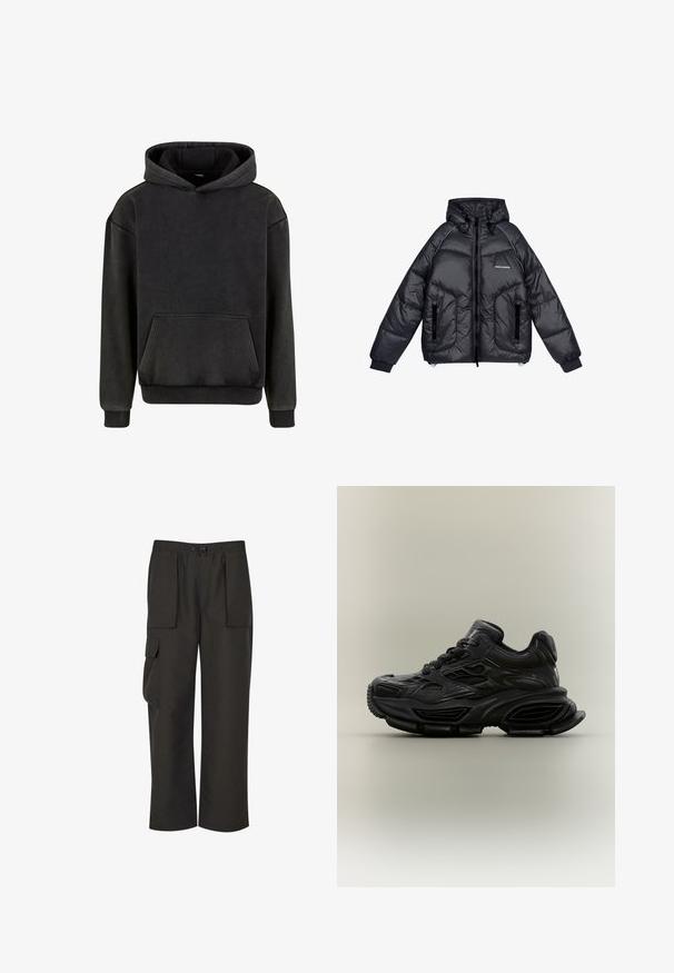 Pegador TOBY PUFFER - Winterjacke - black; Urban Classics Kapuzenpullover - magnet; Urban Classics TECHNICAL - Cargohose - black; Schwarzer klobiger Sneaker mit strukturiertem Design, dicker Sohle und Schnürverschluss vor schlichtem neutralem Hintergrund.