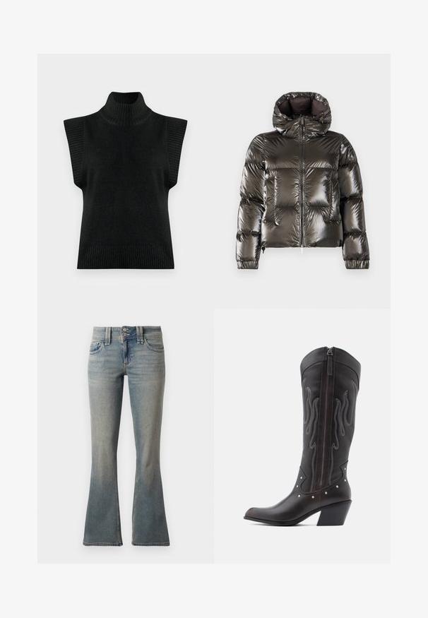 K-Way LETHILLE THERMO - Dunjakker - black/olive; Sort strikket ærmeløs turtleneck sweater vest med ribbet krave, armåbninger og søm på en ensfarvet baggrund.; Lyseblå flagrende jeans lavet af denim. Har to forlommer, en knaplukning og subtile lysninger over stoffet.; Brune læder cowboystøvler med flammebroderi, sidelukning med lynlås, sølvnitter, spids snude og lagdelt hæl.