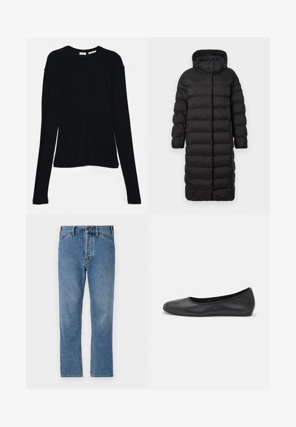 Manteau noir matelassé avec capuche, présentant une coupe longue et droite ainsi que des sections matelassées horizontales. Texture lisse avec une fermeture éclair.; Haut noir à manches longues en tissu doux, avec un col rond et une coupe décontractée, doté de fentes sur les côtés à l'ourlet pour faciliter les mouvements.; Jean en denim bleu clair avec une coupe droite, dotés d'une fermeture éclair, de cinq poches et de subtils détails de couture. Pas d'ornements ni de motifs.; Ballerines en cuir noir avec un bout rond, texture lisse, détails de couture minimalistes et design de semelle flexible.