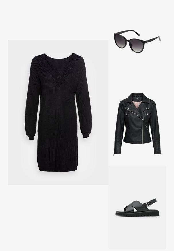 Chaqueta de cuero negra estilo motero con cuello pico, cremallera asimétrica en la parte delantera, bolsillos con cremallera y acentos acanalados en los hombros y las mangas.; Vestido de suéter negro de punto con mangas largas, escote en V y detalles de encaje en el escote. Textura acanalada con aberturas laterales en el dobladillo.; Sandalias de cuero negras con diseño de tiras cruzadas, hebilla ajustable y suela texturizada con estrías para un mejor agarre.; Gafas de sol tipo gato negro con lentes degradados, marco de plástico, textura suave y detalles en plata en las patas.