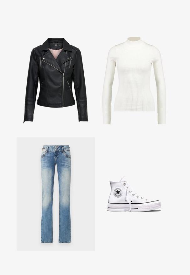 Veste de moto en cuir noir avec un col cranté, fermeture éclair frontale asymétrique, poches zippées et finitions côtelées sur les épaules et les manches.; Haut à col roulé long à manches longues en blanc côtelé, au design ajusté et à la texture lisse, avec un col haut et une silhouette élancée.; Jeans en denim bleu clair avec une coupe droite, dotés d'une fermeture à cinq boutons, de poches avant et de détails de décoloration subtils.; Baskets blanches montantes Converse Chuck Taylor All Star avec des rayures noires et un patch logo sur le côté, présentées sur un fond blanc uni.