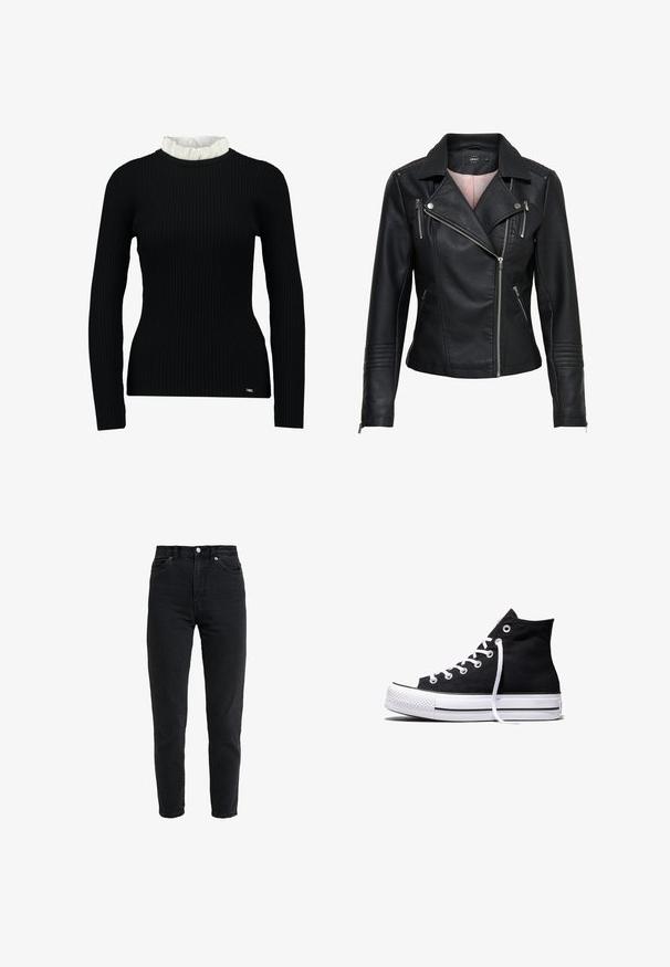 Veste de moto en cuir noir avec un col cranté, fermeture éclair frontale asymétrique, poches zippées et finitions côtelées sur les épaules et les manches.; Haut noir à manches longues côtelé avec un col en dentelle blanc, affichant une silhouette ajustée et une texture douce. Logo subtil à l'ourlet.; Jean en denim noir taille haute avec bouton et fermeture éclair à l'avant, deux poches avant et jambe fuselée sur fond blanc.; Baskets montantes en toile noire avec semelle en caoutchouc blanche et lacets blancs, vues de côté sur un fond blanc.