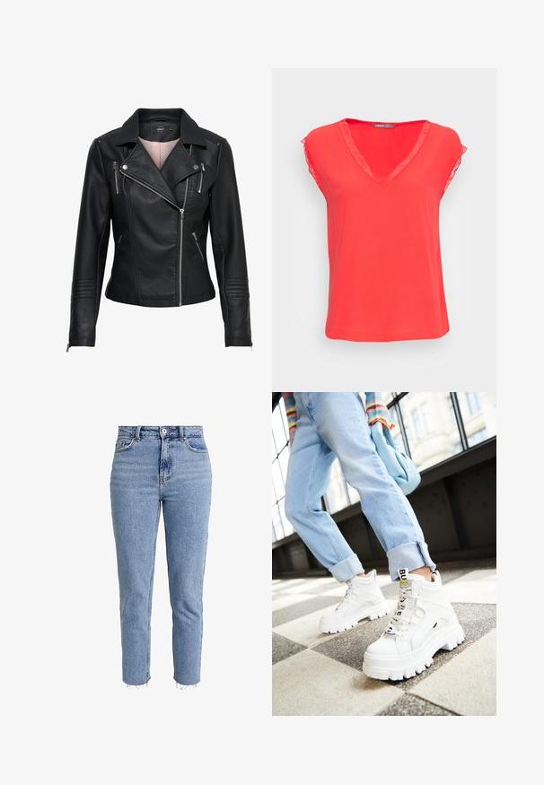 Zwarte leren motorjack met een met een indented kraag, asymmetrische rits aan de voorkant, ritszakken en geribbelde accenten op de schouders en mouwen.; ONLY ONLJASMINA V NECK - Blouse - poppy red; Lichtblauwe high-waisted jeans van denim, met een rechte pijp, een rafelige zoom en een minimalistisch ontwerp zonder versieringen.; Witte chunky sneakers met dikke zolen, veter-sluiting aan de voorkant en een merketiket. Draagt met lichtblauwe opgerolde jeans op een patroonvloer.
