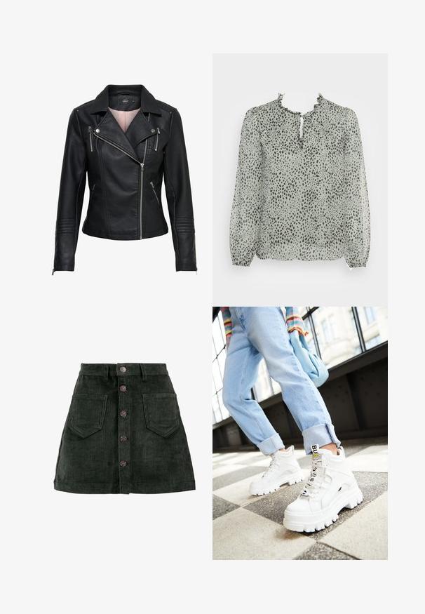 Zwarte leren motorjack met een met een indented kraag, asymmetrische rits aan de voorkant, ritszakken en geribbelde accenten op de schouders en mouwen.; ONLY ONLDITSY BLOUSE - Blouse - seagrass aop/dot leo; ONLY ONLAMAZING GLOBAL - Minirok - green gables; Witte chunky sneakers met dikke zolen, veter-sluiting aan de voorkant en een merketiket. Draagt met lichtblauwe opgerolde jeans op een patroonvloer.