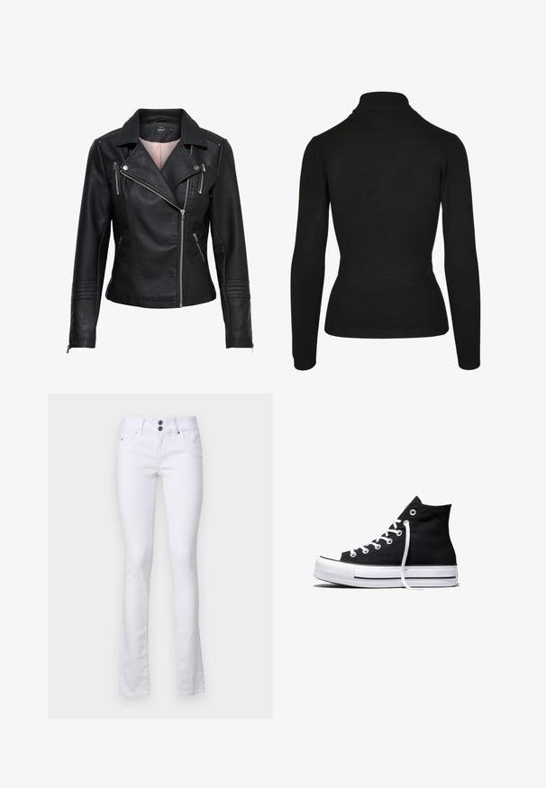 Schwarze Motorradlederjacke mit einem eingekerbten Kragen, asymmetrischem Frontreißverschluss, Reißverschlusstaschen und gerippten Akzenten an Schultern und Ärmeln.; Schwarzer Rollkragenpullover aus weichem Stoff, mit langen Ärmeln, geripptem Kragen und einem figurbetonten Design mit minimaler Gestaltung.; Weiße ausgestellte Jeans aus einem Baumwoll-Mischgewebe, mit einem Zwei-Knopf-Verschluss, Fronttaschen und subtilen Nähdetails.; Schwarzer High-Top-Canvas-Sneaker mit weißer Gummisohle und weißen Schnürsenkeln, seitlich dargestellt vor weißem Hintergrund.