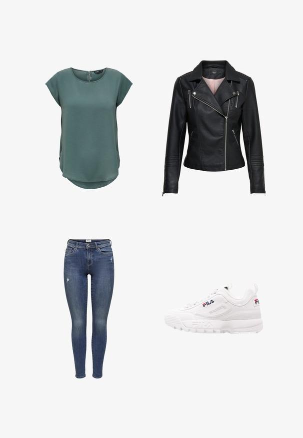 Veste de moto en cuir noir avec un col cranté, fermeture éclair frontale asymétrique, poches zippées et finitions côtelées sur les épaules et les manches.; Haut vert à manches courtes en tissu texturé. Présente un col rond et une fermeture éclair discrète au dos, avec un ourlet légèrement arrondi.; Jean skinny bleu avec un léger effet d'usure sur les cuisses, fermeture à bouton et zipper à l'avant, poches avant et arrière, et passants de ceinture.; Baskets de sport blanches avec un col rembourré, tige en maille et simili cuir, détail de logo en rouge et bleu marine, et une épaisse semelle en caoutchouc.