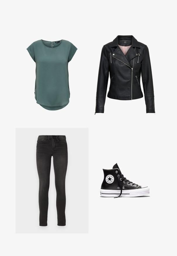 Veste de moto en cuir noir avec un col cranté, fermeture éclair frontale asymétrique, poches zippées et finitions côtelées sur les épaules et les manches.; Haut vert à manches courtes en tissu texturé. Présente un col rond et une fermeture éclair discrète au dos, avec un ourlet légèrement arrondi.; ONLY ONLROYAL - Jeans Skinny - black denim; Baskets montantes Converse Chuck Taylor All Star noires avec semelle en caoutchouc blanc et patch logo sur la cheville, présentées sur un fond blanc.