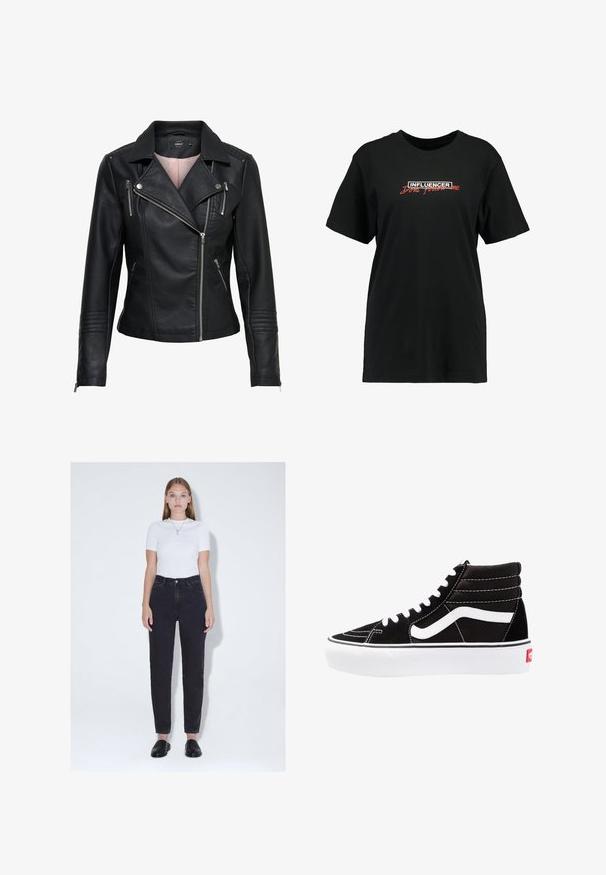 Zwarte leren motorjack met een met een indented kraag, asymmetrische rits aan de voorkant, ritszakken en geribbelde accenten op de schouders en mouwen.; Zwarte katoenen t-shirt met korte mouwen, ronde hals, voorzien van witte en rode tekst "INFLUENCER" en "Volg Mij Niet." Regular fit, soepele textuur.; Jonge vrouw met steil haar draagt een wit shirt met korte mouwen, hooggetailleerde zwarte spijkerbroek, zwarte instapschoenen en een hangerketting, staand.; Zwarte high-top sneakers met witte veters, een wit logo en contrasterende witte stiksels. Heeft een dikke witte zool en een bovenwerk van gestructureerd suede.