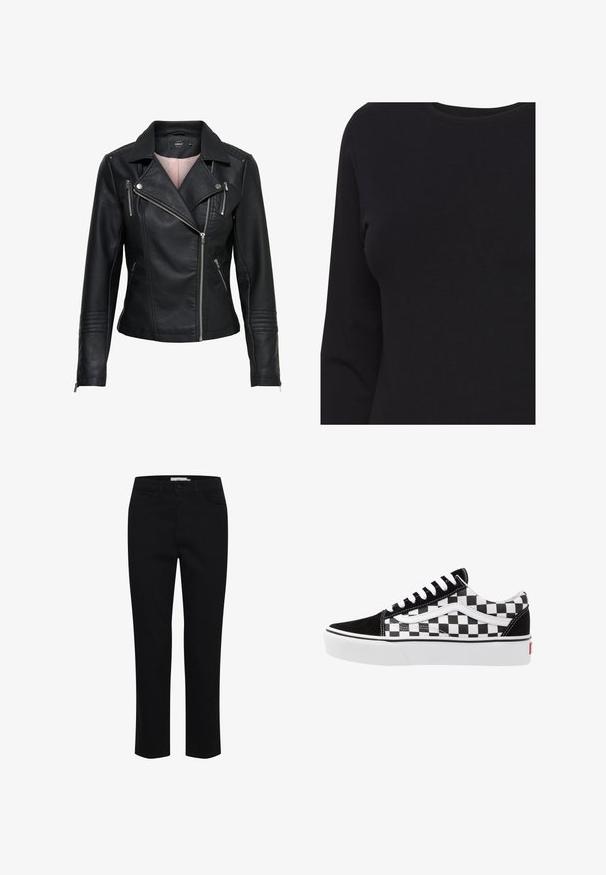 Schwarze Motorradlederjacke mit einem eingekerbten Kragen, asymmetrischem Frontreißverschluss, Reißverschlusstaschen und gerippten Akzenten an Schultern und Ärmeln.; Schwarzes Langarmshirt mit Rundhalsausschnitt, dargestellt an einem Oberkörper ohne sichtbare Logos oder Muster.; Schwarze Baumwollhose mit geradem Schnitt. Verfügt über fünf Taschen und einen vorderen Knopfverschluss. Glatte Textur, minimale Nähdetails.; Schwarz-weißes Schachbrett-Muster auf Canvas-Sneakern mit schwarzen Wildlederakzenten, weißen Schnürsenkeln und gummierter Sohle. Das Seitenlogo weist ein kontrastierendes Design auf.