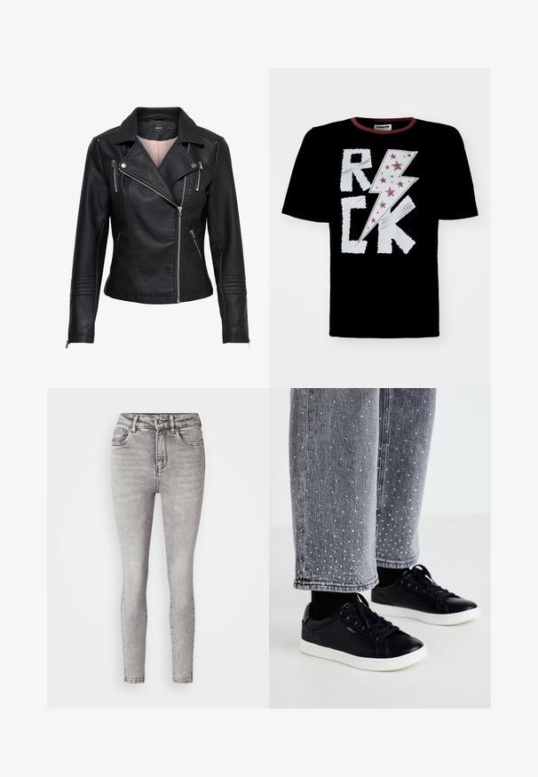 Veste de moto en cuir noir avec un col cranté, fermeture éclair frontale asymétrique, poches zippées et finitions côtelées sur les épaules et les manches.; T-shirt noir avec un design d'éclair blanc et rouge portant le texte "ROCK", orné d'étoiles rouges. Col rond avec bordure contrastante.; Jean skinny gris avec un délavage moyen, taille haute, cinq poches et un léger effet dégradé. Fabriqué en denim avec une texture lisse. Fermeture à bouton.; Baskets en cuir noir avec semelles en caoutchouc blanc et accents texturés. Associées à un jean en denim gris orné de points argentés embellis.