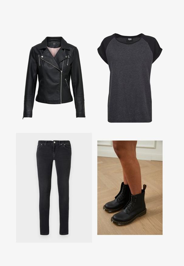 Sort læder bikerjakke med en klippet krave, asymmetrisk lynlås foran, lynlåslommer og ribbede detaljer på skuldrene og ærmerne.; Sort og mørkegrå T-shirt med korte ærmer, rund halsudskæring og raglanærmer. Lavet af blødt, struktureret stof. Casual pasform.; Sorte slim-fit jeans med femlommerdesign, knaplukning og bæltestropper, ligger fladt på en ensfarvet hvid baggrund.; Sorte læder ankelstøvler med lynlås og snøredesign, der har gule stikninger og en tyk, struktureret sål.