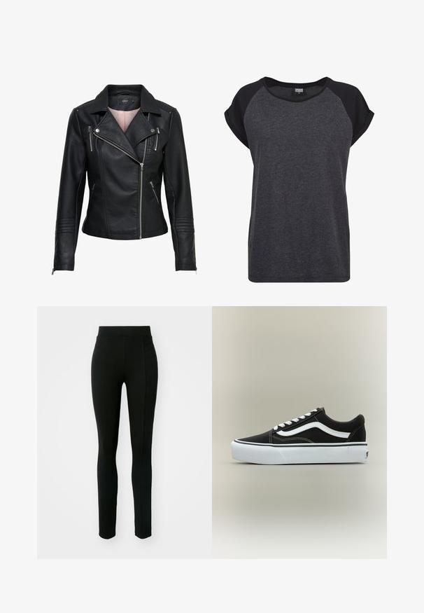 Chaqueta de cuero negra estilo motero con cuello pico, cremallera asimétrica en la parte delantera, bolsillos con cremallera y acentos acanalados en los hombros y las mangas.; Camiseta de manga corta en negro y gris oscuro con cuello redondo y mangas raglán. Elaborada con una tela suave y texturada. Ajuste casual.; Leggings negros de material elástico, con cintura alta, corte ajustado y dos bolsillos frontales sin costuras visibles.; Zapatilla deportiva negra de corte bajo con raya lateral blanca, cordones blancos, suela de goma blanca y puntera texturizada sobre fondo neutro.