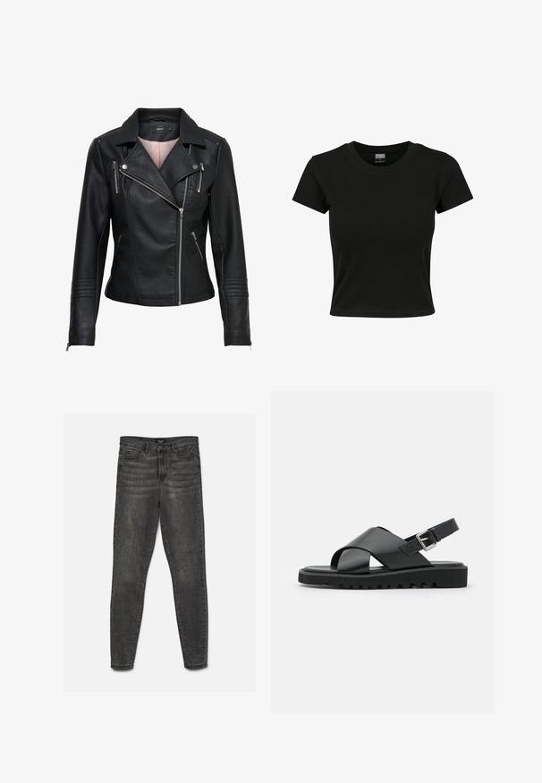 Chaqueta de cuero negra estilo motero con cuello pico, cremallera asimétrica en la parte delantera, bolsillos con cremallera y acentos acanalados en los hombros y las mangas.; Camiseta negra de manga corta fabricada en algodón suave, con un cuello redondo y un corte ajustado. Sin patrones ni acentos visibles.; Vaqueros ajustados de color gris oscuro con cierre de botón y cremallera, bolsillos delanteros y traseros, mostrados extendidos sobre un fondo blanco.; Sandalias de cuero negras con diseño de tiras cruzadas, hebilla ajustable y suela texturizada con estrías para un mejor agarre.