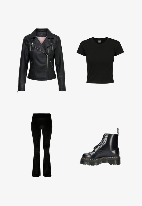 Chaqueta de cuero negra estilo motero con cuello pico, cremallera asimétrica en la parte delantera, bolsillos con cremallera y acentos acanalados en los hombros y las mangas.; Camiseta negra de manga corta fabricada en algodón suave, con un cuello redondo y un corte ajustado. Sin patrones ni acentos visibles.; Pantalones acampanados negros en tejido suave de terciopelo. Cintura alta y textura lisa. El diseño presenta un corte acampanado desde la rodilla hacia abajo.; Botín de cuero negro hasta el tobillo con suela gruesa, que presenta un cordón decorativo, un pespunte amarillo en la suela, y una lengüeta en el talón.