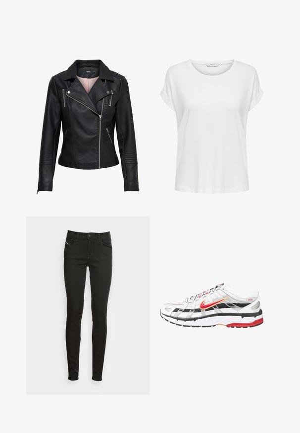 Chaqueta de cuero negra estilo motero con cuello pico, cremallera asimétrica en la parte delantera, bolsillos con cremallera y acentos acanalados en los hombros y las mangas.; Camiseta blanca de manga corta hecha de algodón suave. Presenta un cuello redondo y puños enrollados. Diseño simple sin patrones ni acentos.; Jeans ajustados negros con bolsillos frontales, pasadores para cinturón, cierre de botón y cremallera, mostrados sobre un fondo blanco.; Zapatillas deportivas en blanco y negro con detalles en rojo y dorado. Presentan una parte superior de malla, una suela acolchada y un diseño de cierre con cordones seguro.