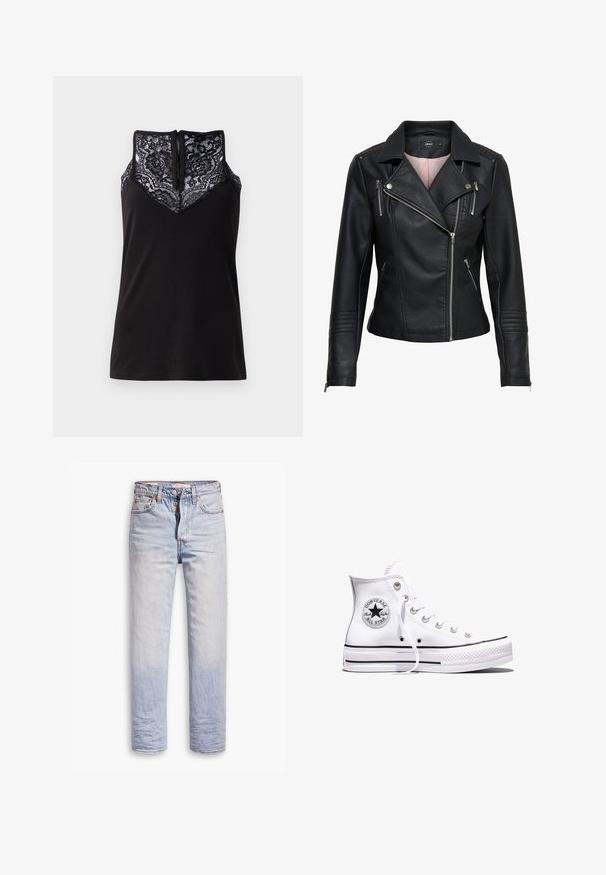 Sort læder bikerjakke med en klippet krave, asymmetrisk lynlås foran, lynlåslommer og ribbede detaljer på skuldrene og ærmerne.; Sort tanktop med blondeoverlay ved udskæringen, med et V-formet design og en lynlås i ryggen. Glat stoftekstur.; Lyseblå denimjeans med lige ben, der har en knaplukning, fem lommer og en diskret falmning langs benene.; Hvid Converse Chuck Taylor All Star højt snøresko med sorte striber og logoemblem på siden, vist mod en ensfarvet hvid baggrund.
