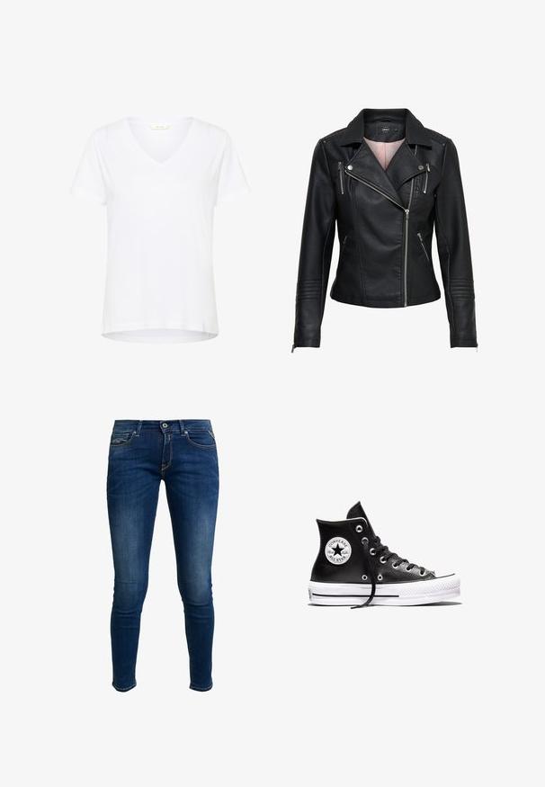 Veste de moto en cuir noir avec un col cranté, fermeture éclair frontale asymétrique, poches zippées et finitions côtelées sur les épaules et les manches.; T-shirt blanc à manches courtes avec un col en V, en tissu doux, doté d'une coupe décontractée et d'un ourlet droit avec des détails de couture minimaux.; Jeans skinny-fit en denim bleu foncé, présentant un design classique à cinq poches, une taille mi-haute et des coutures jaunes contrastantes.; Baskets montantes Converse Chuck Taylor All Star noires avec semelle en caoutchouc blanc et patch logo sur la cheville, présentées sur un fond blanc.