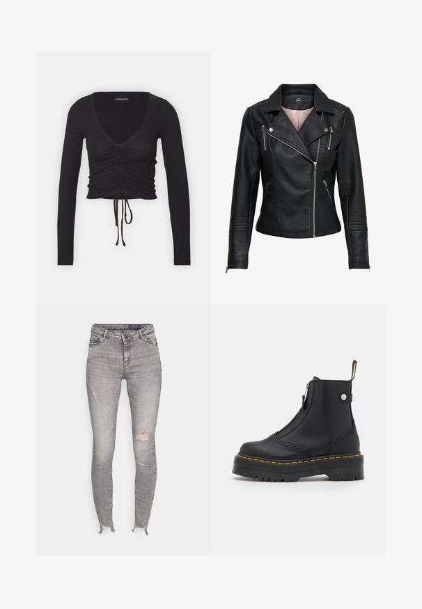 Chaqueta de cuero negra estilo motero con cuello pico, cremallera asimétrica en la parte delantera, bolsillos con cremallera y acentos acanalados en los hombros y las mangas.; Top corto de manga larga negro acanalado con un profundo escote en V, detalles fruncidos en la parte delantera y lazo ajustable en el dobladillo.; Vaqueros ajustados grises de denim, con cintura alta, detalles desgastados con roturas y un dobladillo deshilachado en los tobillos.; Botín negro de cuero suave, con cremallera lateral, costuras amarillas y suela de goma gruesa y estriada.