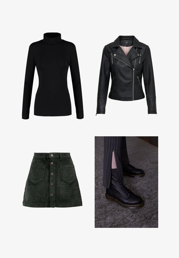 Veste de moto en cuir noir avec un col cranté, fermeture éclair frontale asymétrique, poches zippées et finitions côtelées sur les épaules et les manches.; Haut à col roulé noir à manches longues, fabriqué en tissu doux et extensible, avec une coupe ajustée et un col haut. Pas de motifs ni d'ornements.; ONLY ONLAMAZING GLOBAL - Minijupe - green gables; Bottes en cuir noir à lacets avec une finition texturée, une couture jaune et une semelle robuste et translucide. Associées à un pantalon rayé avec des zips.
