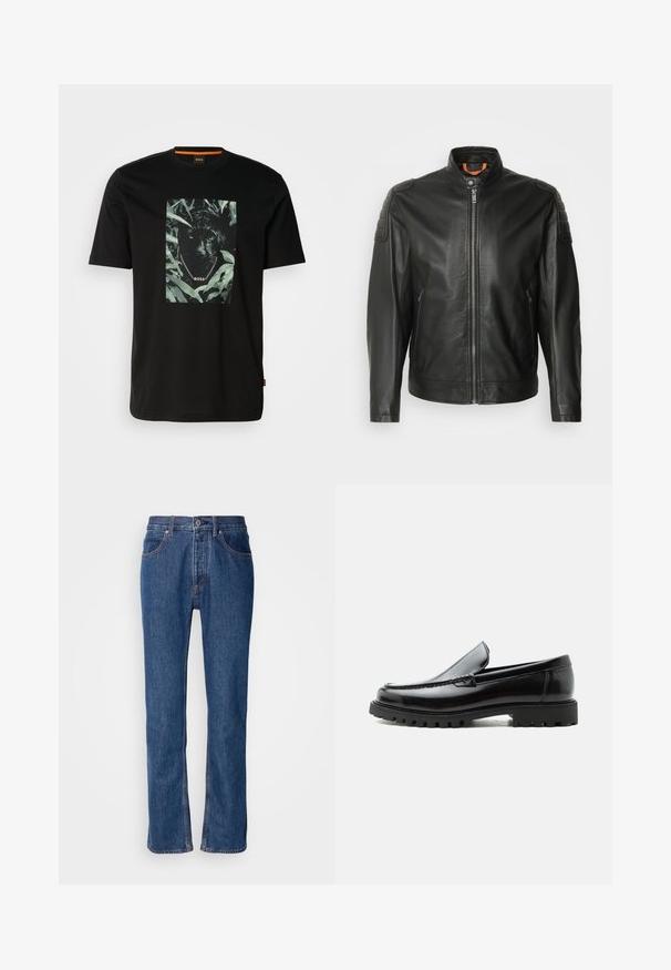 Chaqueta de cuero negra con cierre de cremallera, cuello elevado y detalles en los hombros. Presenta parches texturizados en los hombros y bolsillos laterales.; Camiseta de algodón negra con un gráfico central de un pantera rodeada de hojas, con un cuello de cadena y el texto "BOSS". Mangas cortas.; Vaqueros de mezclilla azul con corte recto, diseño de cinco bolsillos y costuras claras. Presenta un cierre de cremallera y un botón en la parte frontal.; Mocasín de cuero negro con suela de goma gruesa, empeine cosido y nombre de la marca en relieve en el talón, mostrado en perfil lateral sobre fondo blanco.