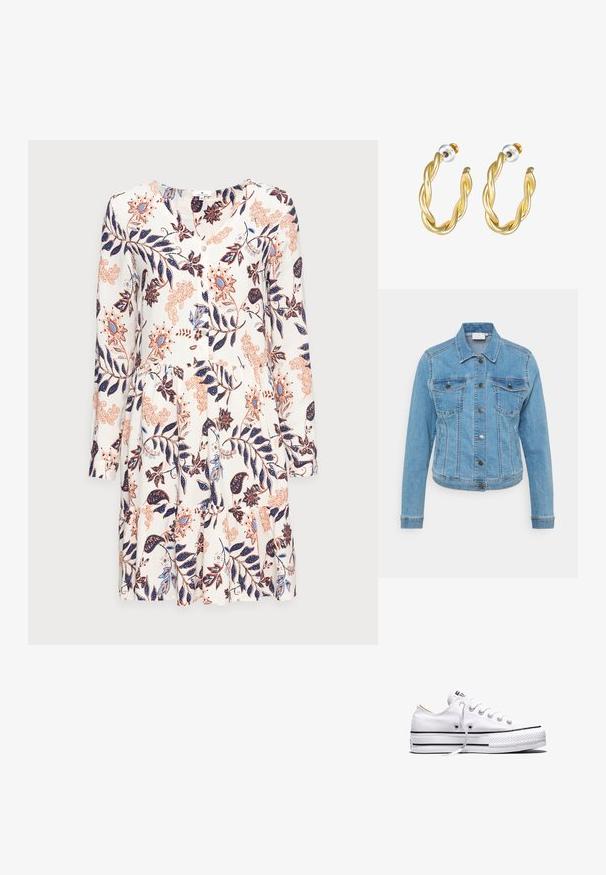 Heledsinine teksajakk nupuvajutusega, kahte rinna taskut ja pika varruga. Omab kontrastset tikandit ja klassikalist krae kujundust.; TOM TAILOR DRESS WITH FLOUNCE - Päevakleit - white; Valge madala säärega lõuendjalats valgete paeladega, mustade triipudega tallal ja kummist tekstuuriga varbakaitsega, külgvaade valgel taustal.; Kuldne keerutatud kõrvarõngad siledast pinnast, läbipaistva tagumise poole ja kuldse tooniga riistvaraga.