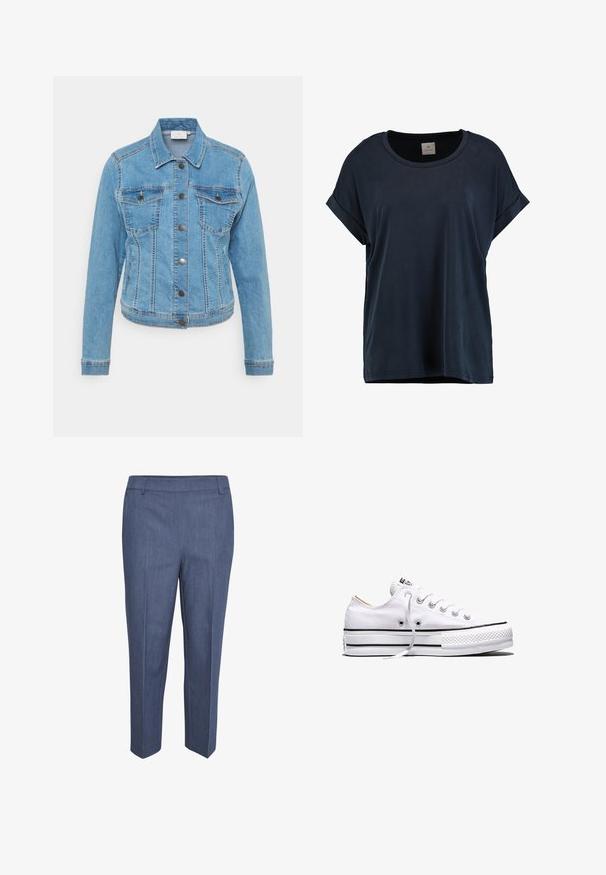 Chaqueta de mezclilla en azul claro con cierre de botones, dos bolsillos en el pecho y mangas largas. Presenta costuras de contraste y un diseño de cuello clásico.; Camiseta de manga corta de color azul marino oscuro en una tela suave y lisa, con cuello redondo y puños enrollados, con un corte relajado y sin patrones visibles.; Pantalones a medida de tela azul oscura con una sutil textura. Presentan un frente plano, piernas rectas y una cintura de altura media. Sin bolsillos visibles.; Zapatilla baja de lona blanca con cordones blancos, rayas negras en la suela y puntera de goma texturizada, vista lateral sobre fondo blanco.