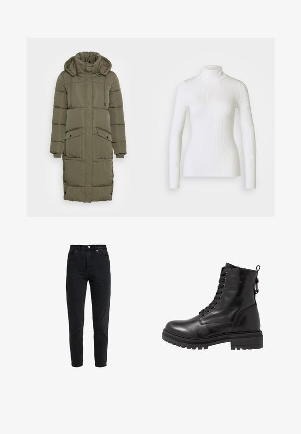 Manteau matelassé vert olive avec un col montant, une capuche à cordon de serrage, des poignets côtelés et deux poches avant. Design texturé avec des boutons pression.; Pull en maille côtelée blanche avec col roulé et manches longues, présentant un design ajusté et une texture douce. Col plat et look sans couture.; Jean en denim noir taille haute avec bouton et fermeture éclair à l'avant, deux poches avant et jambe fuselée sur fond blanc.; Bottine en cuir noir avec bout arrondi, devant à lacets et semelle en caoutchouc texturé. Comprend une languette au dos et des coutures renforcées.