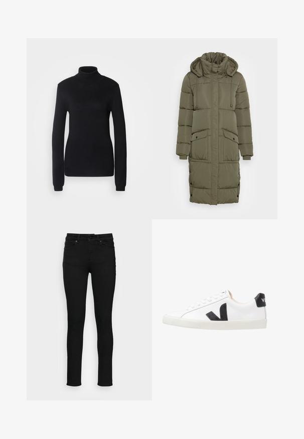 Oliven grøn pufferjakke med høj krave, snoretræk i hætten, ribbede manchetter og to forlommer. Tekstureret, quiltet design med trykknapper.; Sort turtleneck sweater lavet af et blødt strikstof, med lange ærmer og en tætsiddende silhuet, der har ribbet krave og kant.; Ivy Copenhagen ALEXA ANKLE COOL EXCELLENT - Jeans Skinny Fit - black; Hvide sneakers med et sort V-logo, der har en glat læderoverdel, rund tå, snørrelukning og en kontrasterende sort hælflap.