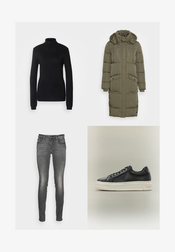 Manteau matelassé vert olive avec un col montant, une capuche à cordon de serrage, des poignets côtelés et deux poches avant. Design texturé avec des boutons pression.; Pull en col roulé noir fabriqué dans un tissu en maille douce, présentant des manches longues et une silhouette ajustée avec un col et un ourlet côtelés.; Jean en denim gris avec une coupe skinny, présentant une légère texture décolorée, des poches avant et une fermeture à glissière avec un bouton.; Baskets basses en cuir noir avec des lacets noirs et une épaisse semelle en caoutchouc blanc sur un fond neutre.