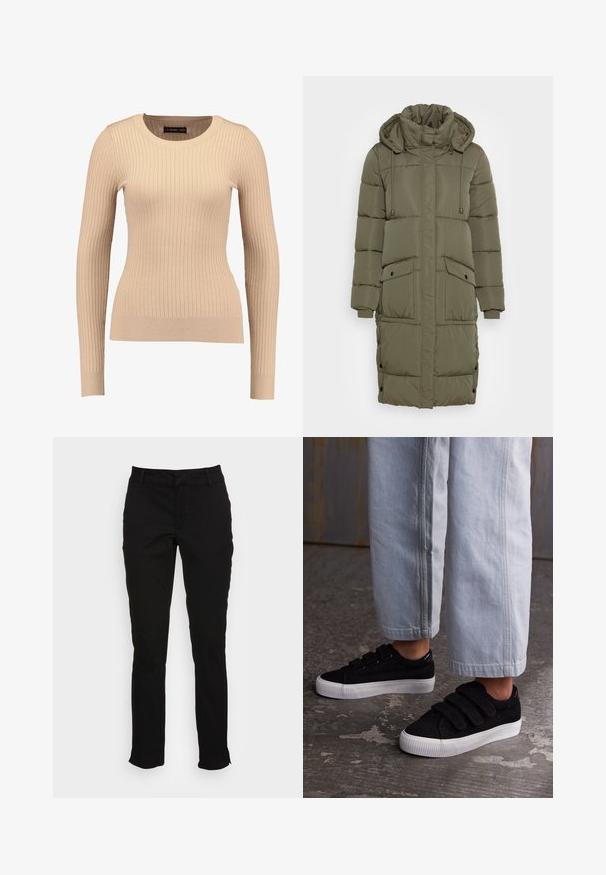 Oliven grøn pufferjakke med høj krave, snoretræk i hætten, ribbede manchetter og to forlommer. Tekstureret, quiltet design med trykknapper.; Ribbet langærmet sweater i lys beige, lavet af strækbart stof. Har en rund halsudskæring og tætsiddende silhuet med ribbede manchetter.; Sorte bomuldsbukser med en slim fit, lige ben, bæltestropper og forlommer. Glat tekstur med diskrete stikninger.; Sorte corduroy sneakers med tre Velcro-stropper og en tekstureret overdel. Lavprofil hvid gummisål. Båret med lyseblå cropped bukser.