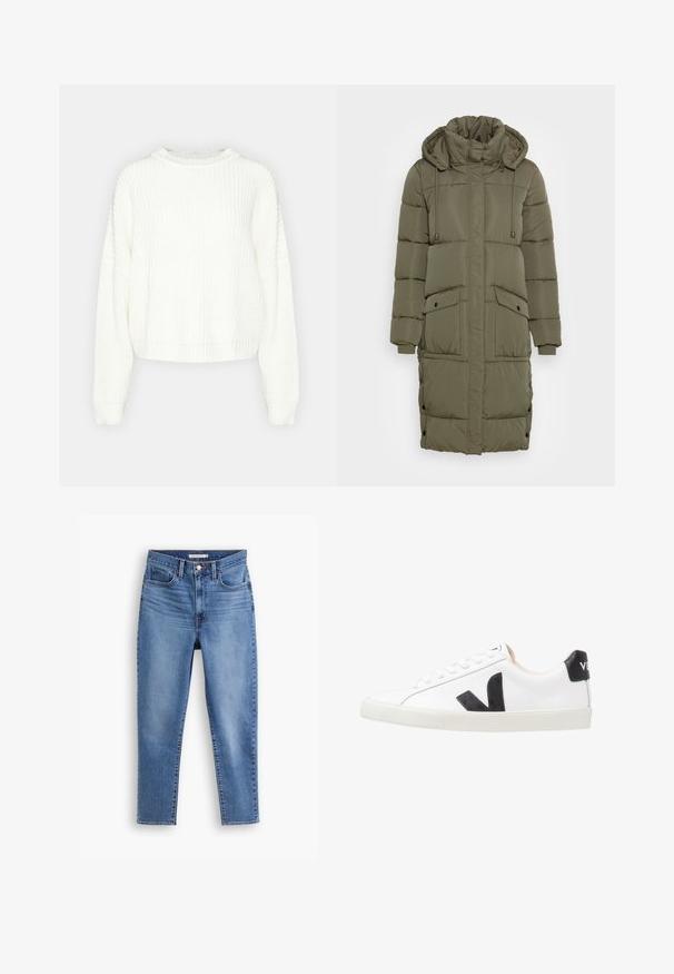 Manteau matelassé vert olive avec un col montant, une capuche à cordon de serrage, des poignets côtelés et deux poches avant. Design texturé avec des boutons pression.; Pull en maille blanche avec un col rond, des manches longues et une coupe décontractée. Présente un motif texturé et un ourlet et des poignets côtelés.; Jeans pour femmes taille haute bleus avec fermeture à bouton et à zip à l'avant, passants de ceinture et design à cinq poches, posés sur un fond blanc.; Baskets blanches avec un logo V noir, présentant un dessus en cuir lisse, un bout rond, un système de laçage et un empiècement au talon noir contrastant.