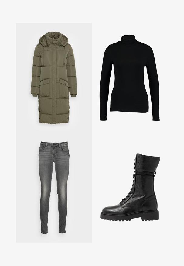 Manteau matelassé vert olive avec un col montant, une capuche à cordon de serrage, des poignets côtelés et deux poches avant. Design texturé avec des boutons pression.; T-shirt noir à manches longues et col roulé en tissu lisse, avec une coupe ajustée et un col haut, idéal pour les superpositions ou à porter seul.; Jean en denim gris avec une coupe skinny, présentant une légère texture décolorée, des poches avant et une fermeture à glissière avec un bouton.; Bottes de combat en cuir noir avec une finition texturée, design montant jusqu'au genou, fermeture à lacets à l'avant et semelle en caoutchouc épaisse avec un motif strié.
