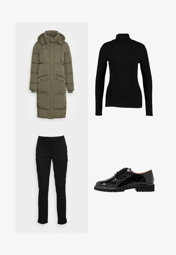 Oliven grøn pufferjakke med høj krave, snoretræk i hætten, ribbede manchetter og to forlommer. Tekstureret, quiltet design med trykknapper.; Sort langærmet turtleneck top lavet af glat stof, med et tætsiddende design og høj hals, velegnet til lag-på-lag brug eller som en selvstændig beklædningsgenstand.; Sorte bomuldsbukser med en slim fit, lige ben, bæltestropper og forlommer. Glat tekstur med diskrete stikninger.; Lave sorte patenterede lædersko med snørebånd, rund tå, brogue-detaljer, gummisål og en struktureret finish. Akkorderet med små øjer.