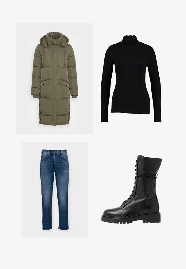 Oliven grøn pufferjakke med høj krave, snoretræk i hætten, ribbede manchetter og to forlommer. Tekstureret, quiltet design med trykknapper.; Sort langærmet turtleneck top lavet af glat stof, med et tætsiddende design og høj hals, velegnet til lag-på-lag brug eller som en selvstændig beklædningsgenstand.; Mørkeblå denim jeans med lige ben, der har lynlås og knaplukning samt fem lommer. Stoffet har en glat tekstur.; Sorte læder kampstøvler med en struktureret overflade, knæhøjt design, snørebånd foran og en kraftig gummisål med rillemønster.