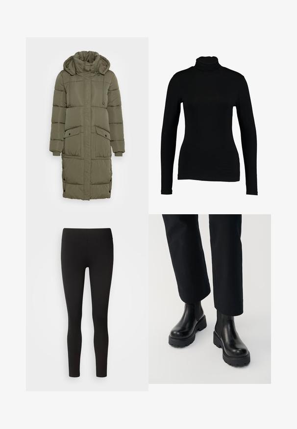 Oliven grøn pufferjakke med høj krave, snoretræk i hætten, ribbede manchetter og to forlommer. Tekstureret, quiltet design med trykknapper.; Sort langærmet turtleneck top lavet af glat stof, med et tætsiddende design og høj hals, velegnet til lag-på-lag brug eller som en selvstændig beklædningsgenstand.; Sorte leggings lavet af strækbart stof med en sømløs talje, tætsiddende design og glat tekstur, velegnet til forskellige aktiviteter.; Person iført sorte læderankelstøvler med chunky sål kombineret med sorte straight-leg bukser på hvid baggrund.