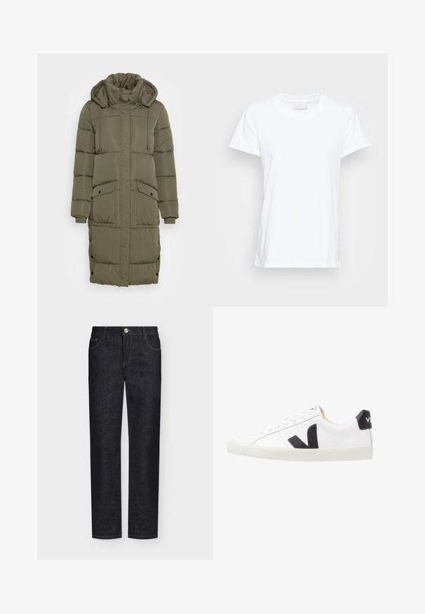 Olivgrüner Puffer-Mantel mit hohem Kragen, verstellbarem Kapuzenzug, gerippten Bündchen und zwei Fronttaschen. Texturiertes, gestepptes Design mit Druckknöpfen.; Weißes Kurzarm-T-Shirt aus weicher Baumwolle. Mit rundem Halsausschnitt und einem leicht lockeren Schnitt sowie seitlichen Schlitzen für zusätzlichen Komfort.; Schwarze Jeans mit geradem Bein, Vordertaschen, Gürtelschlaufen und Knopfverschluss auf einfarbigem Hintergrund.; Weißer Sneaker mit einem schwarzen V-Logo, ausgestattet mit einem glatten Lederoberteil, runder Zehenpartie, Schnürverschluss und kontrastierendem schwarzen Fersenbereich.
