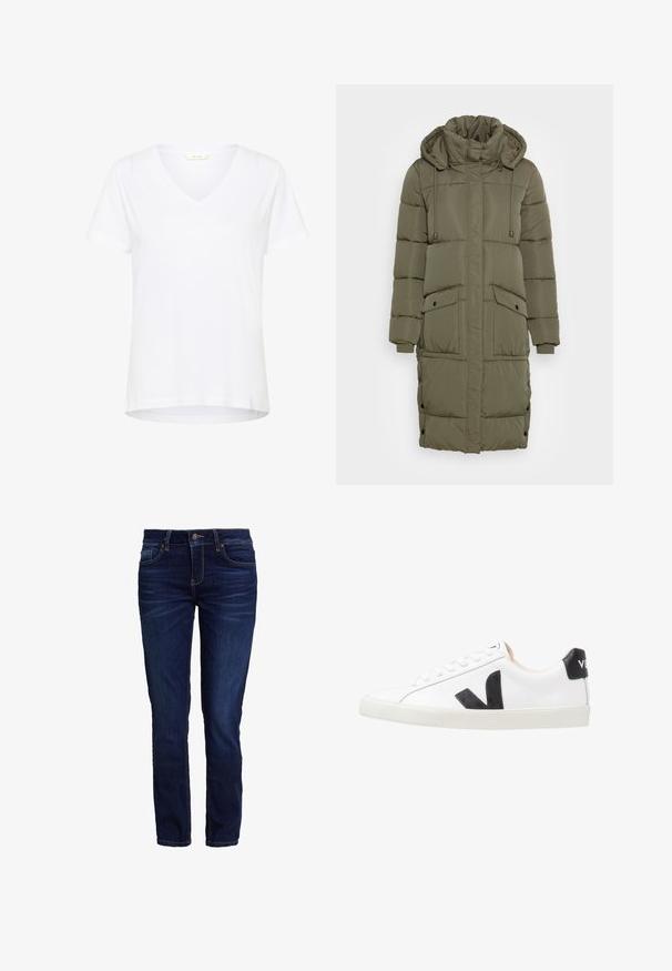Manteau matelassé vert olive avec un col montant, une capuche à cordon de serrage, des poignets côtelés et deux poches avant. Design texturé avec des boutons pression.; T-shirt blanc à manches courtes avec un col en V, en tissu doux, doté d'une coupe décontractée et d'un ourlet droit avec des détails de couture minimaux.; Jeans en denim bleu foncé avec une coupe slim, dotés d'une fermeture éclair, de cinq poches et de détails de coutures visibles, offrant une texture lisse.; Baskets blanches avec un logo V noir, présentant un dessus en cuir lisse, un bout rond, un système de laçage et un empiècement au talon noir contrastant.