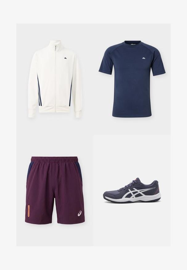 Witte zip-up jas van gladde stof met marineblauwe zijstrepen. Hoge kraag en logo op de linkerborst. Standaard pasvorm.; Marineblauw sportshirt met korte mouwen, ronde hals en een klein wit logo op de linkerborst.; Paarse sportshort met elastische tailleband, blauwe zijpanelen, kleine oranje "ASICS PADEL" tekst op het linkerbeen en wit ASICS-logo op het rechterbeen.; Donkerblauwe sport schoenen met witte accenten, textuur aan de bovenkant, laag uitgesneden ontwerp, gevoerde zool en vetersluiting.