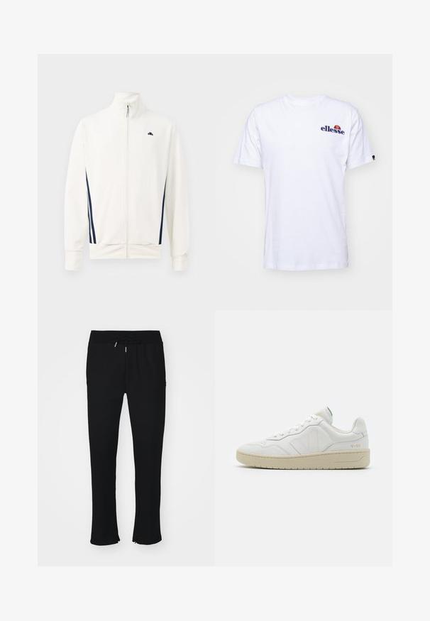 Biela zip-up bunda vyrobená z hladkej látky s námorníckymi modrými pruhmi po stranách. Vysoký golier a logo na ľavej hrudi. Štandardné strih.; Biela bavlnená tričko s krátkymi rukávmi, na ľavej hrudi s námornícko modrým vyšitým logom a živou farebnou akcentáciou nad logom.; Čierne teplákové nohavice vyrobené z mäkkého materiálu, s elastickým pásom a sťahovacou šnúrkou, so rozparkom na leme a jemnou textúrou vzoru.; Biele kožené tenisky s textúrovaným povrchom a polstrovaným golierom. Majú béžovú gumovú podrážku a diskrétne značenie na päte a boku.