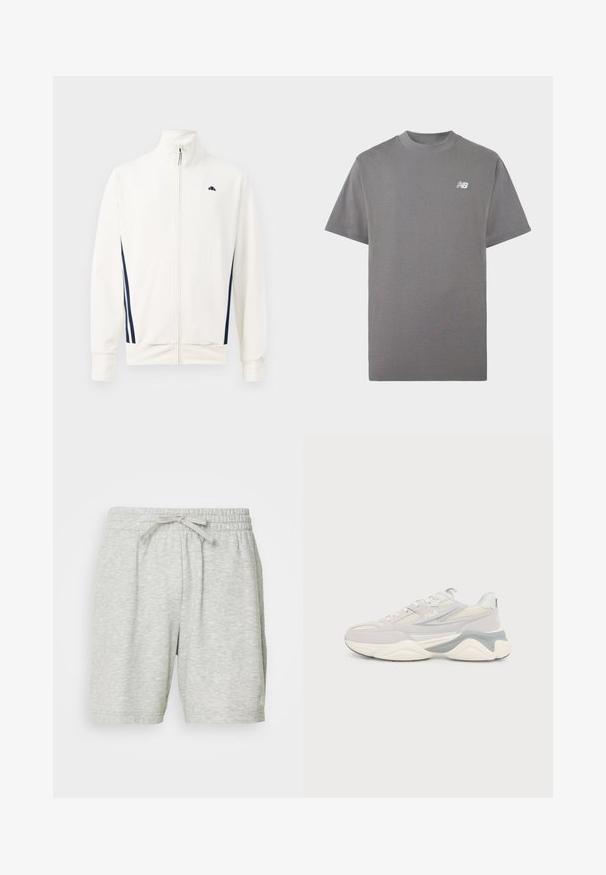 Veste blanche zippée en tissu lisse, avec des rayures latérales bleu marine. Col haut et logo sur la poitrine à gauche. Coupe standard.; T-shirt gris à manches courtes et col rond avec un petit logo blanc New Balance sur le côté gauche de la poitrine, sur un fond uni.; Shorts de sport gris clair en tissu doux, dotés d'une taille élastique avec un cordon de serrage pour un ajustement réglable et de deux poches latérales.; Baskets FILA gris clair et blanc avec détails en mesh et suède, semelle épaisse avec accent gris, vues de côté sur un fond uni.