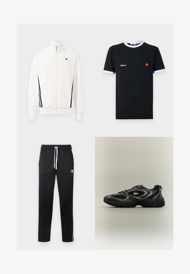Biela zip-up bunda vyrobená z hladkej látky s námorníckymi modrými pruhmi po stranách. Vysoký golier a logo na ľavej hrudi. Štandardné strih.; Čierne tričko s krátkym rukávom s bielym lemovaním na golieri a rukávoch, s malou nášivkou s logom "ellesse" a polkruhovým oranžovo-červeným emblémom.; Čierne športové nohavice s bielym šnúrkovým pásom, bočnými pruhmi, prednými vreckami a malým bielym logom Champion na ľavom stehne.; Čierne a šedé atletické tenisky s sieťkovými panelmi, šnurovací dizajn, hrubá podrážka a malá krokodílová logo na boku.