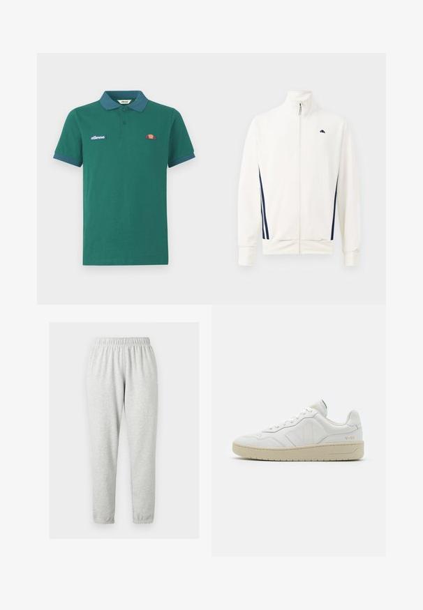 Witte zip-up jas van gladde stof met marineblauwe zijstrepen. Hoge kraag en logo op de linkerborst. Standaard pasvorm.; Groene polo shirt van katoen met een contrasterende blauwe kraag en manchetten. Heeft een geborduurd logo en een klein kleurrijk ontwerp op de borst.; Lichtgrijze, lange sweatpants met elastische tailleband en enkelsmansetten, getoond op een effen lichte achtergrond.; Witte leren sneakers met een gestructureerde afwerking en een gevoerde kraag. Voorzien van een beige rubberen zool en subtiele branding op de hiel en zijkant.