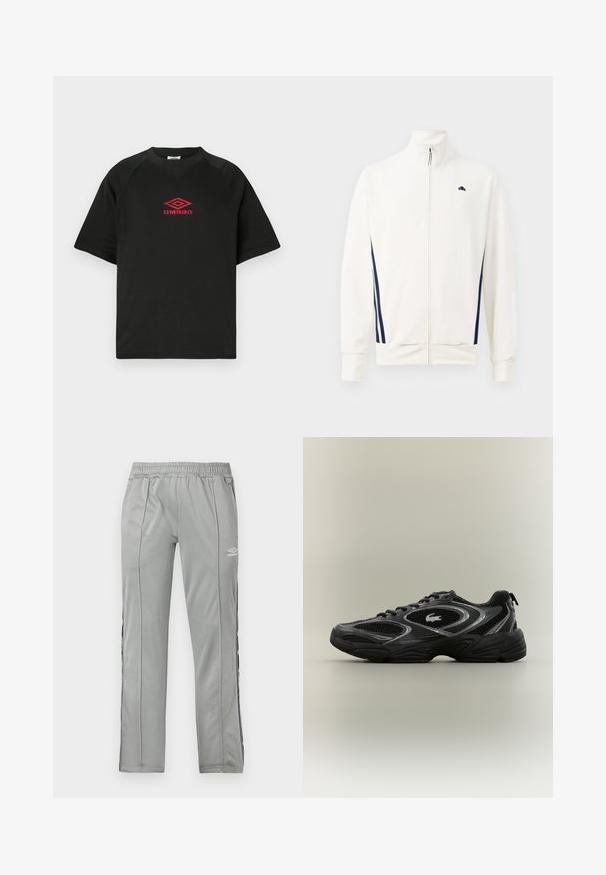 Hvid zip-jakke lavet af glat stof med marineblå sidelister. Høj krave og logo på venstre bryst. Standard pasform.; Sort kortærmet crewneck skjorte med rødt Umbro logo centreret på brystet mod en ensfarvet hvid baggrund.; Lys grå Umbro sportbukser med elastisk talje og sort-hvide sidelister, præsenteret mod en hvid baggrund.; Sort og grå atletisk sneaker med mesh-paneler, snørebåndsdesign, tyk sål og et lille krokodillelogo på siden.