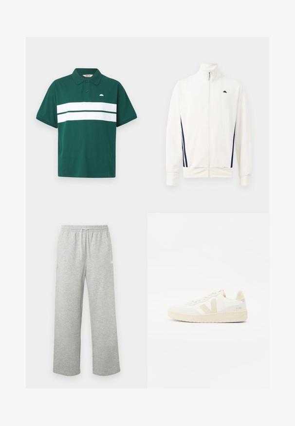 Biela zip-up bunda vyrobená z hladkej látky s námorníckymi modrými pruhmi po stranách. Vysoký golier a logo na ľavej hrudi. Štandardné strih.; Zelená polo košeľa vyrobená z bavlny s bielym vodorovným pruhom cez hrudník. Obsahuje klasický golier a malé logo na ľavej strane.; Svetlosivé tepláky so sťahovacou šnúrkou v páse, elastickým pásom a voľnými, rovným nohavicami, zobrazené na jednoduchom pozadí.; Biele tenisky s béžovými akcentmi, s textúrovaným zvrškom, okrúhlou špičkou a hrubou gumovou podrážkou. Dizajn obsahuje ikonické V logo a branding.
