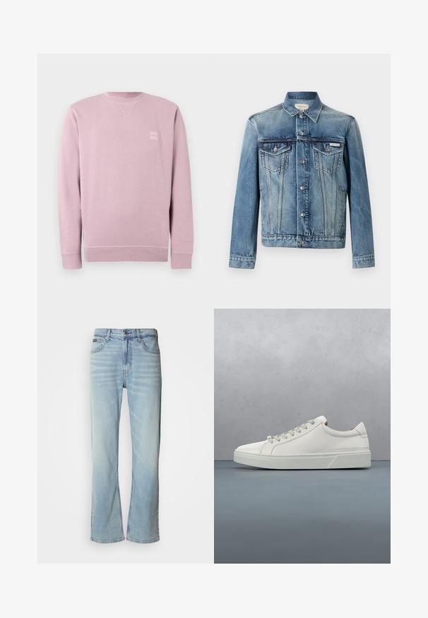 Veste en jean bleue avec fermeture à boutons, deux poches poitrine à rabat, manches longues et logo Calvin Klein sur la poche gauche.; Sweatshirt rose clair en tissu doux, avec un col rond, des manches longues et un petit patch logo carré sur le devant.; Jeans en denim bleu clair avec une coupe droite, dotés de cinq poches, d'une fermeture à bouton et d'une légère décoloration sur le tissu.; Baskets en cuir blanc avec un bout arrondi, design minimaliste, lacets gris et semelle en caoutchouc gris texturé. Détails de couture subtils visibles.
