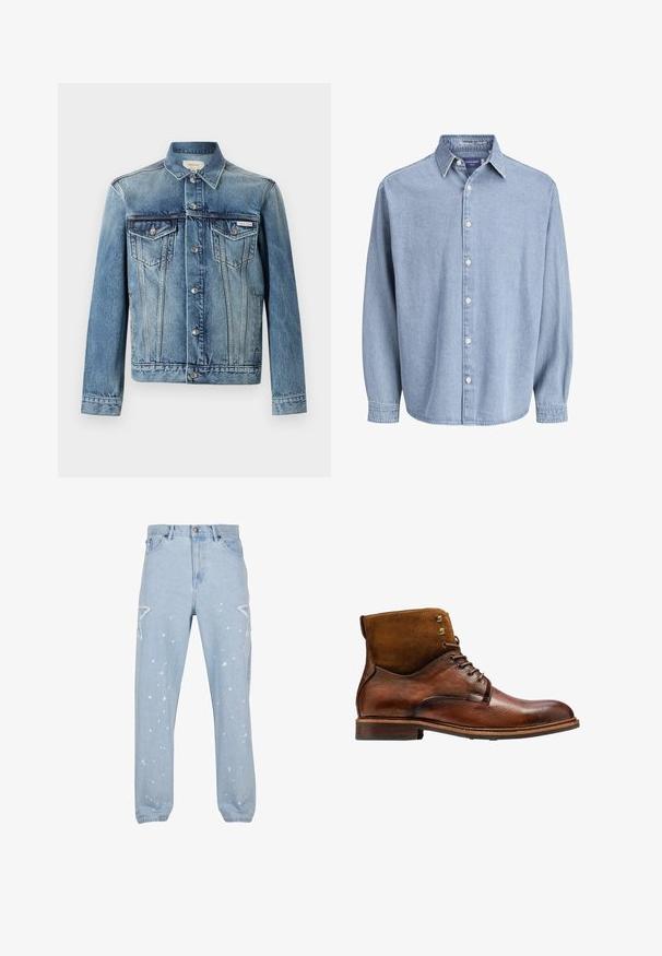 Blaue Jeansjacke mit Knopfleiste, zwei Brustklappentaschen, langen Ärmeln und Calvin Klein Logo auf der linken Tasche.; Himmelblaue Jeanshemd mit langen Ärmeln, Kragen und weißen Knöpfen, präsentiert vor einem schlichten weißen Hintergrund.; Hellblaue Jeans aus Denim mit entspannter Passform, ausgestattet mit sternförmigen Ausschnitten, Farbspritzern und einem klassischen Fünf-Taschen-Design.; Kazar ALID - Schnürstiefelette - brown